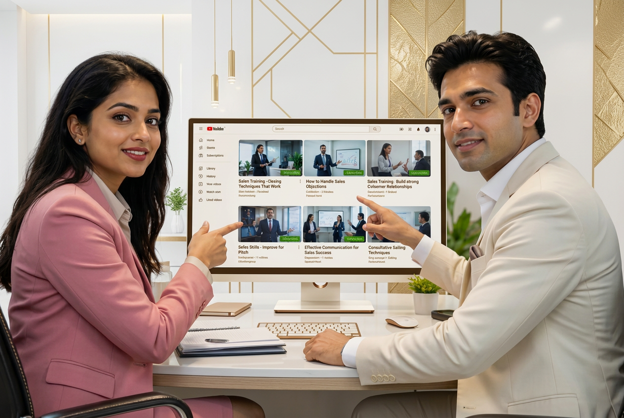 Two professionals reviewing YouTube sales videos in a modern office